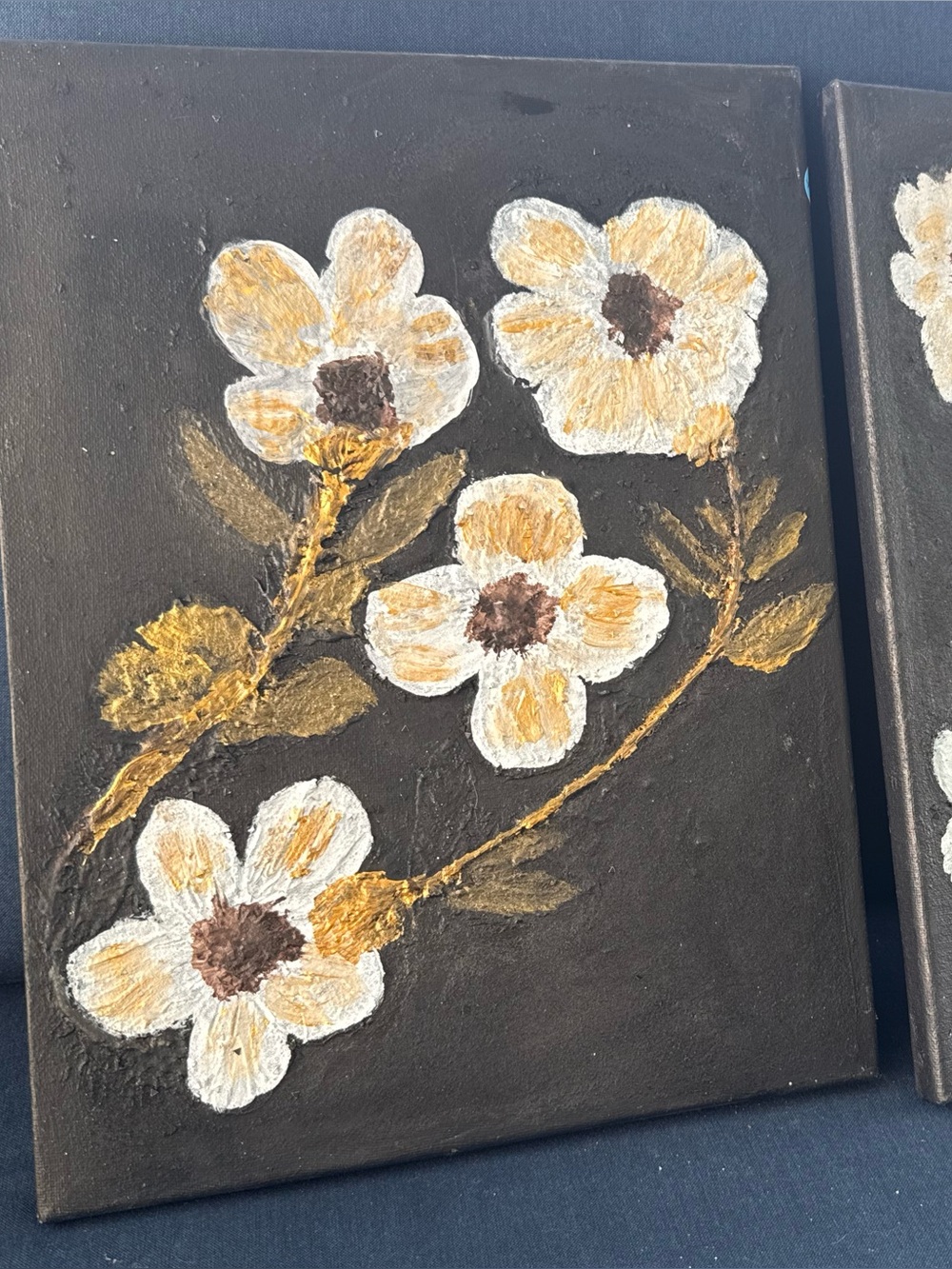 Textured Floral Canvas Pair in Black and Gold